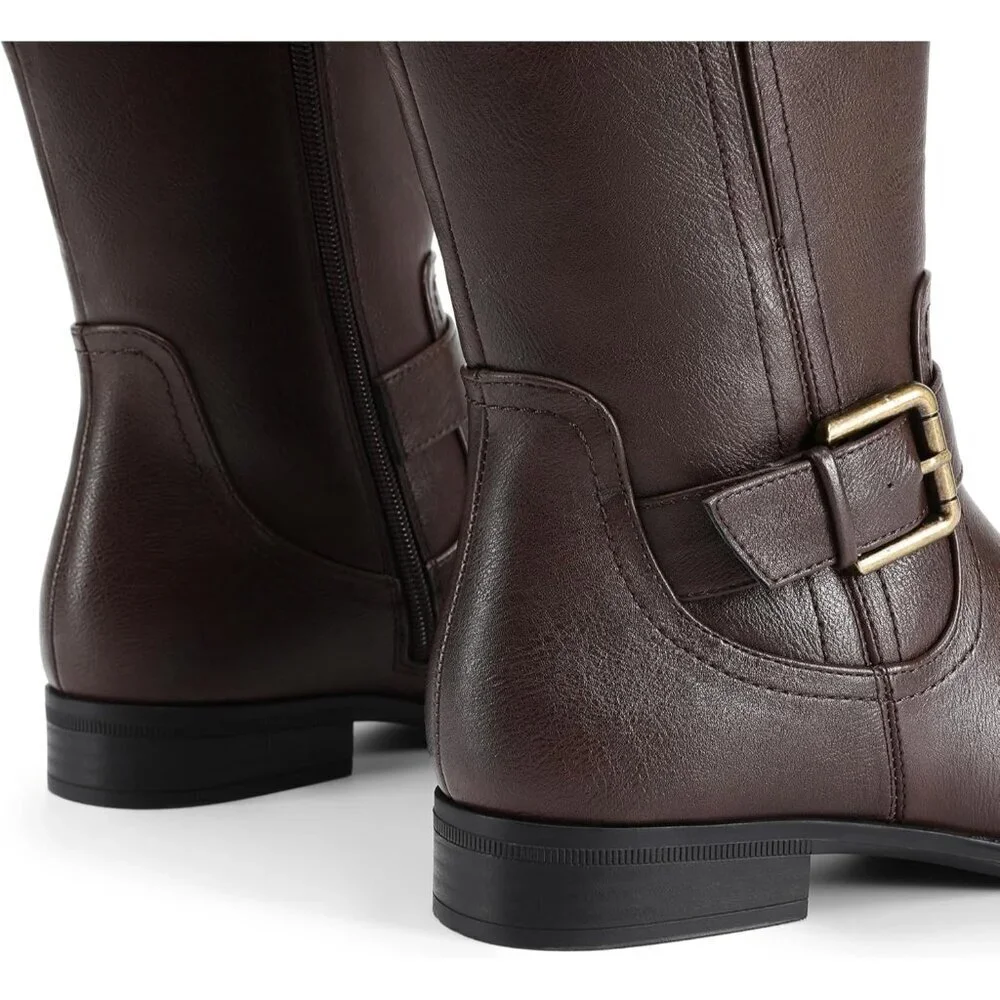 Women's Faux Leather Brown Knee High Buckle Chunky Heel Flat Riding Pirate Boots